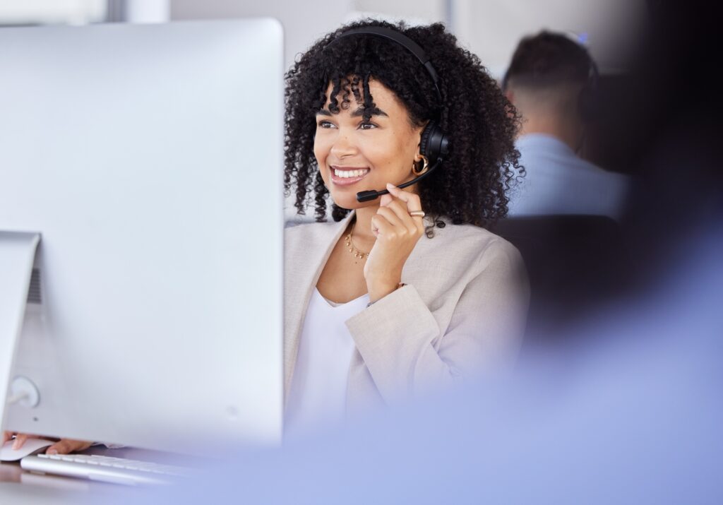 Callcenter, customer service or black woman on computer for customer support, consulting or network